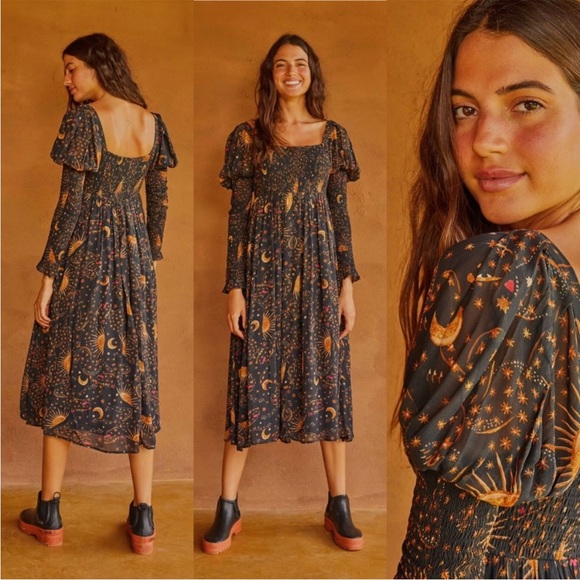 FARM Rio Dresses & Skirts - Farm Rio Leopard Sky Midi Dress w Smocked Bodice & Puffed Sleeve w MEASUREMENTS!